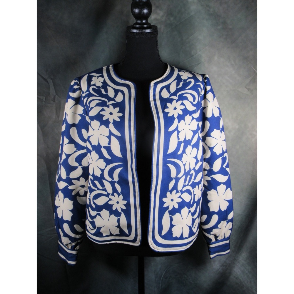 Sunday Up Blue White Floral Open Front Jacket Womens Medium Long Sleeve Bolero